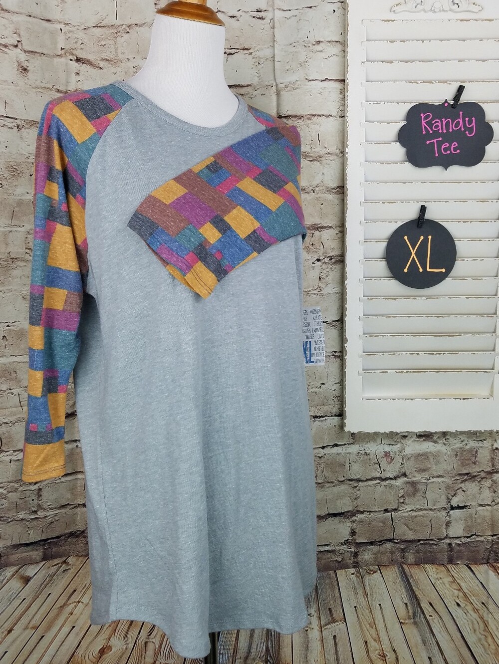 Women’s Gray Raglan Tee with Multicolor Geometeic Sleeves